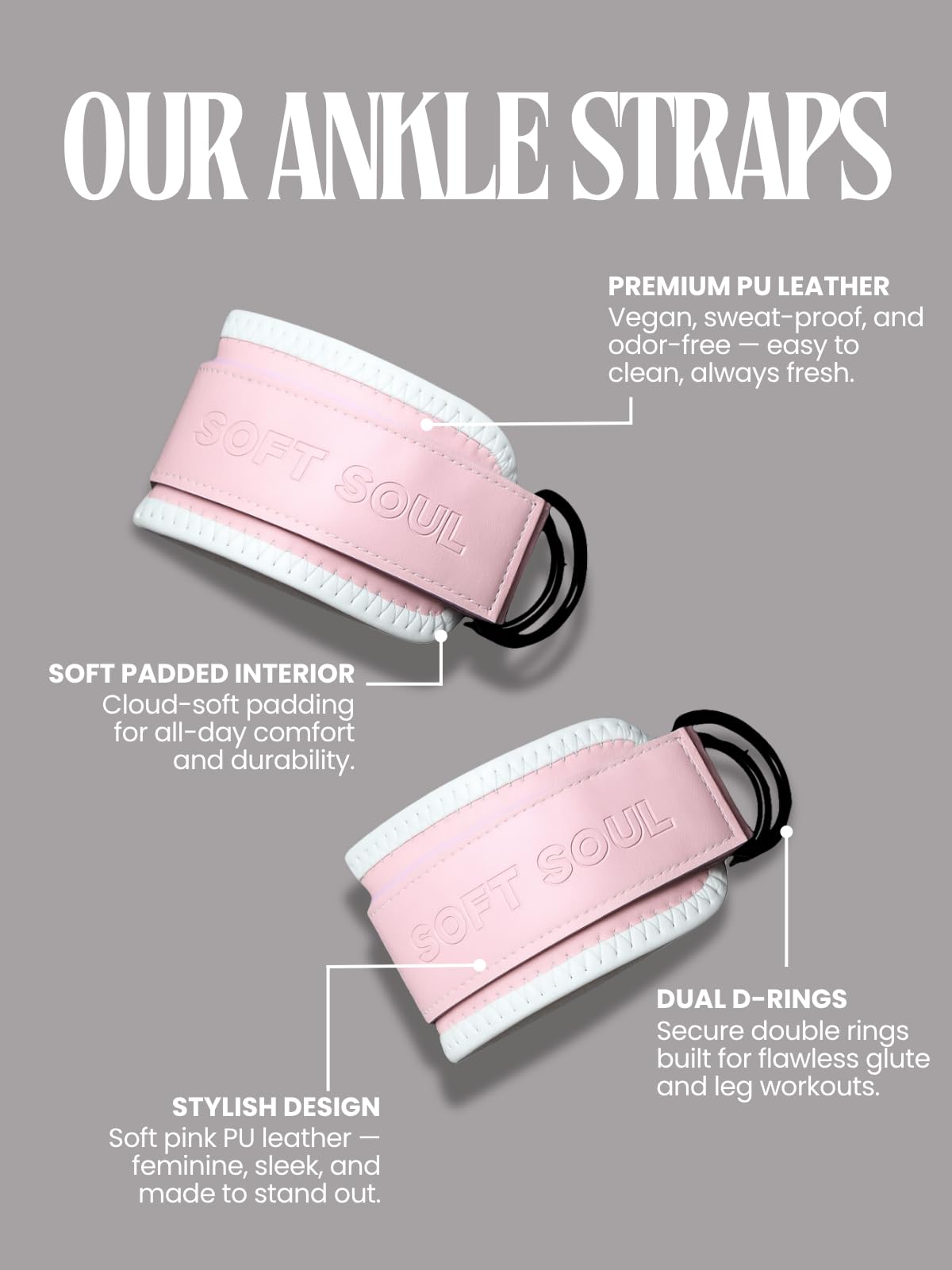 Ankle Straps for Cable Machine Women – Adjustable (Pair) with D-Ring for Glute Kickbacks, Leg Curls, Hip Thrusts – Gym Foot Cuffs for Cable Pulley System & Home Fitness (Power Pink, Regular)