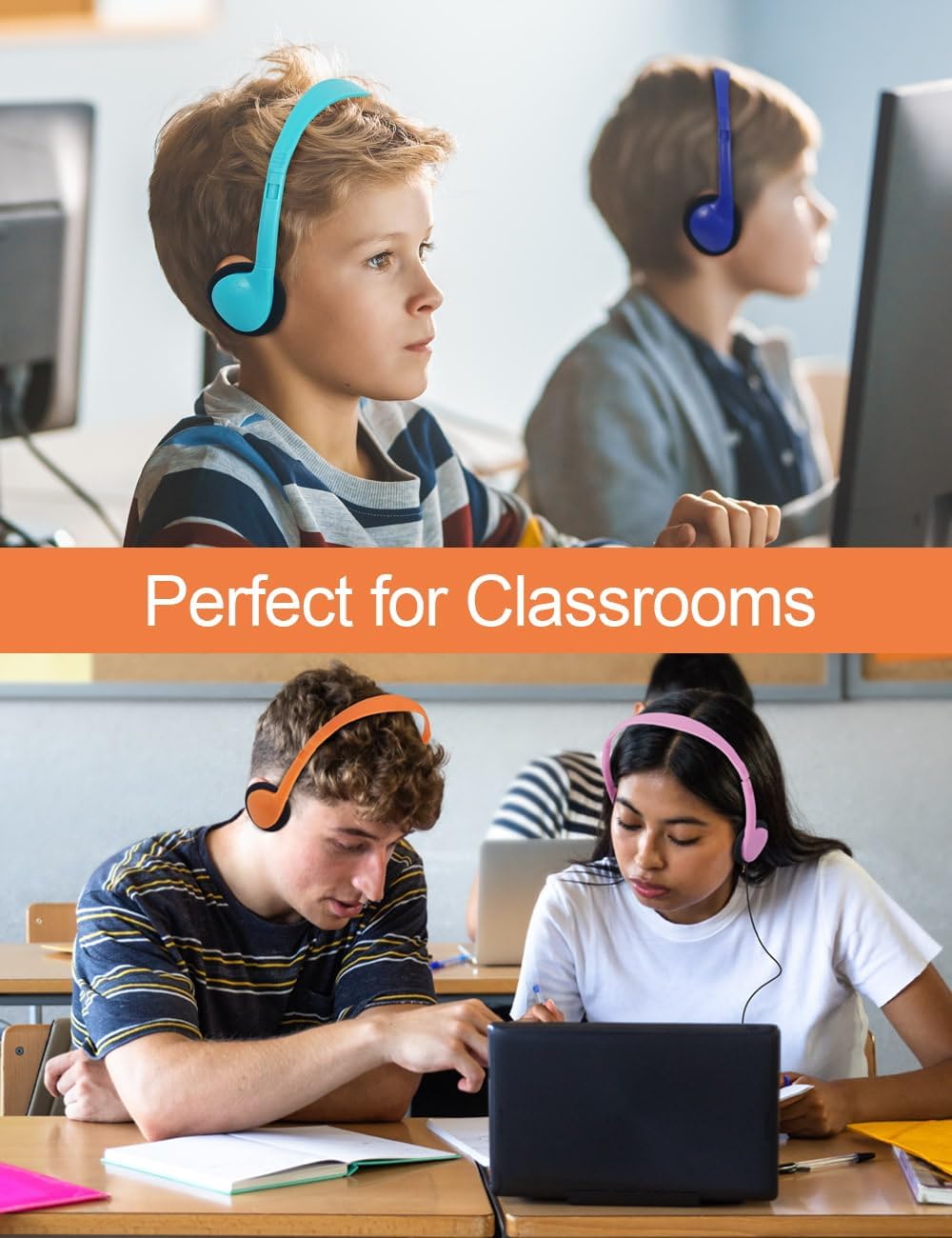 16 Pack Headsets Set 8 Headphones Bulk for Classrooms School Student Wired On-Ear Class Earphones Colors Individually