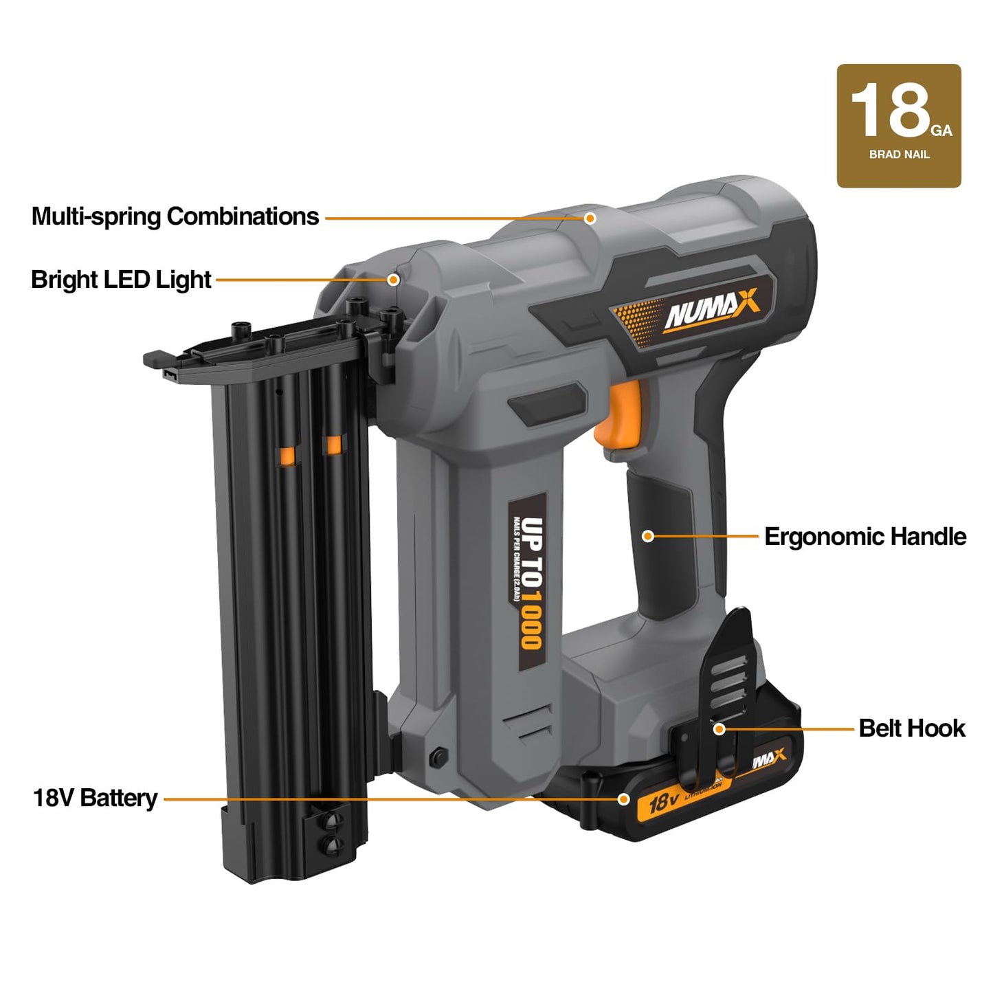 NuMax 18V Cordless Brad Nailer,18 Gauge Brad Nail Gun with Battery, Charger & 500 Nails | Drives 1000 Shots Per Charge | Compatible with 3/8"–2" Brad Nails | S18VBR50