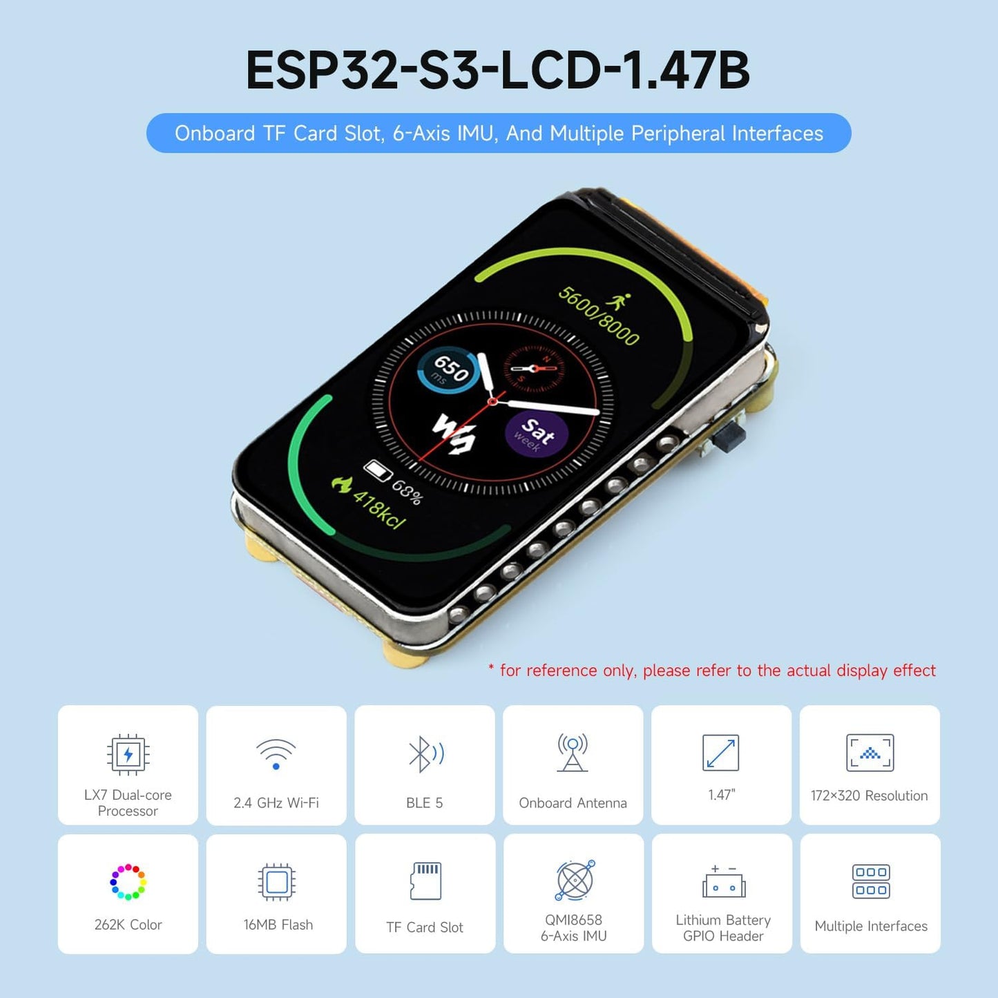 waveshare ESP32-S3 1.47inch 172320 262K 2.4GHz 5, 240MHz LX7 ESP32 LCD Display Development Board, Resolution, Display