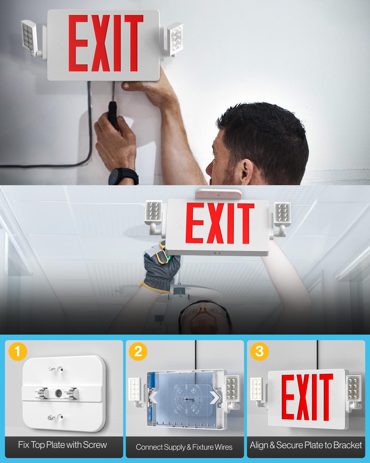 Sunco 12 Pack Exit Signs with Emergency Lights, Two Adjustable LED Lights with Backup Battery, Red, 94V-0 Fire Resistant, 120-277V, Wall Or Ceiling Mount, Commercial Grade UL.
