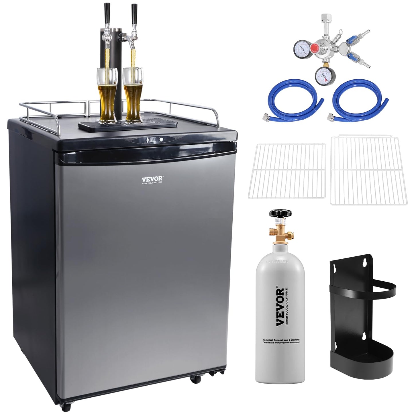 VEVOR Beer Kegerator, Dual Tap Commercial Draft Beer Dispenser for D system, Full Size Keg Refrigerator with 5lbs CO2 Tank, Hold 2 Sixth / 3 Ball lock keg, Silver
