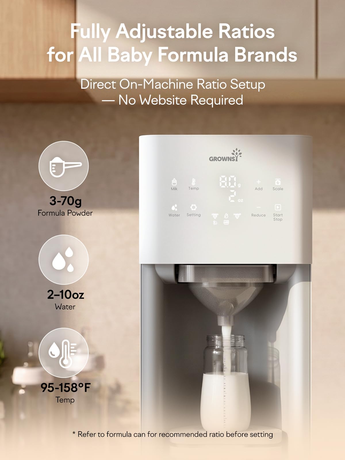 GROWNSY Baby Formula Maker, Ultra-Precise Automatic Formula Dispenser, Formula Mixer with One-Touch Instant Bottle Prep, 304 Stainless Steel Tank, Fits Most Baby Bottles, White