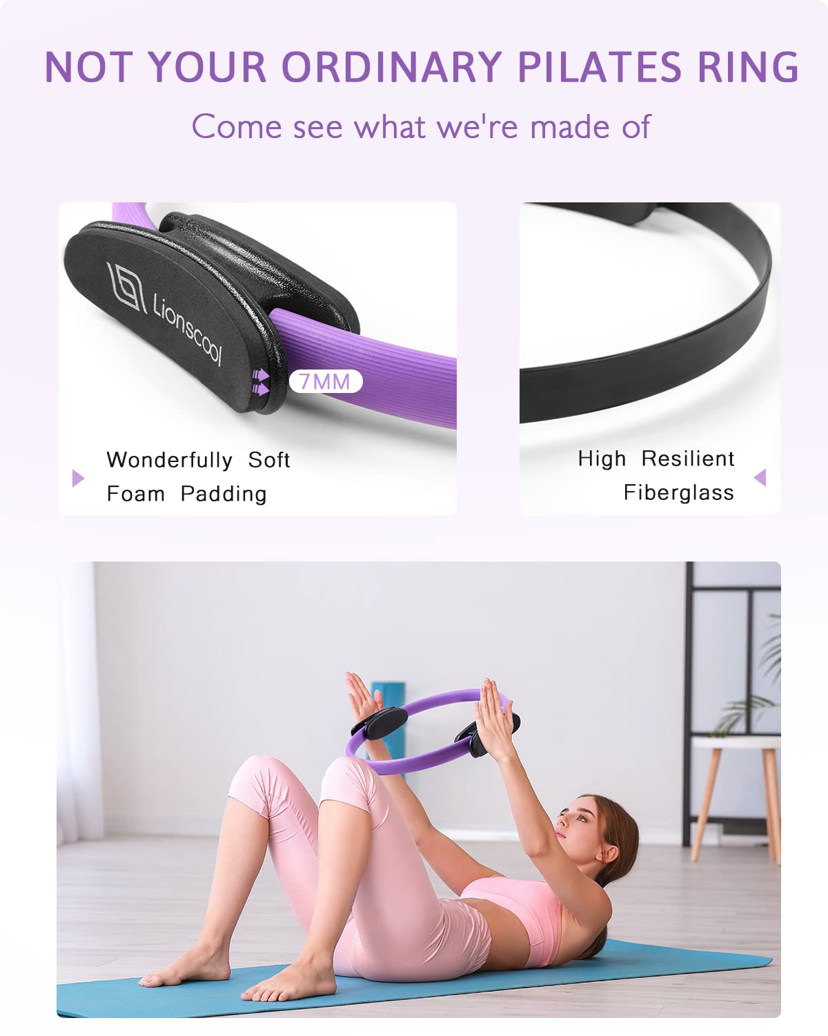 LIONSCOOL Pilates Ring Set (Purple) - 14" Anti-Deformation Magic Circle with Padded Handles, 9" Mini Ball, Elastic Latex Resistance Bands, Guide & Bag