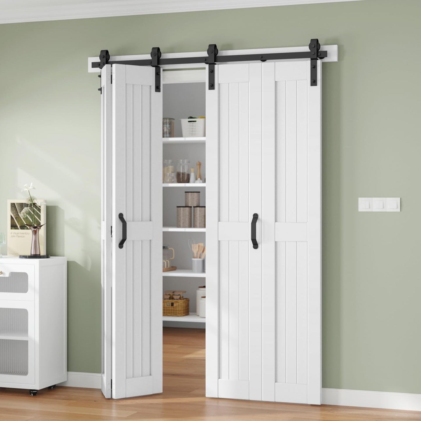 Finosen Bifold Barn Door 64 x 84 in (Four 16x84 Inch),Bi-fold Sliding Closet Doors with Hardware Track kit Included 6ft Rail for 4 Doors and Track Connector,Save Space,DIY Assembly.