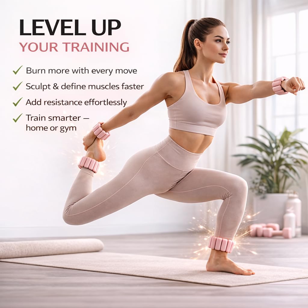 Elegance Adjustable Wrist & Ankle Weights for Women – Wearable Fitness Bracelets for Pilates, Yoga, Walking & Home Workout – Soft Silicone Weighted Bangles (1 LB Pair) (Pink)