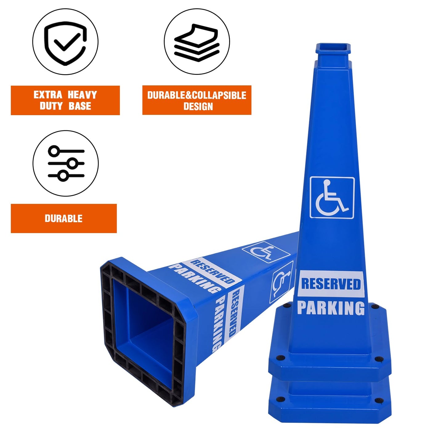 OranclUS 6 Pack 36 Inch 4-Sided Safety Cone, “ADA Reserved Parking” Blue Traffic Cone, Extra Tall High Visibility Durable PVC Stackable Safety Cones (6, Blue-ADA Reserved Parking, 36inch Printed)