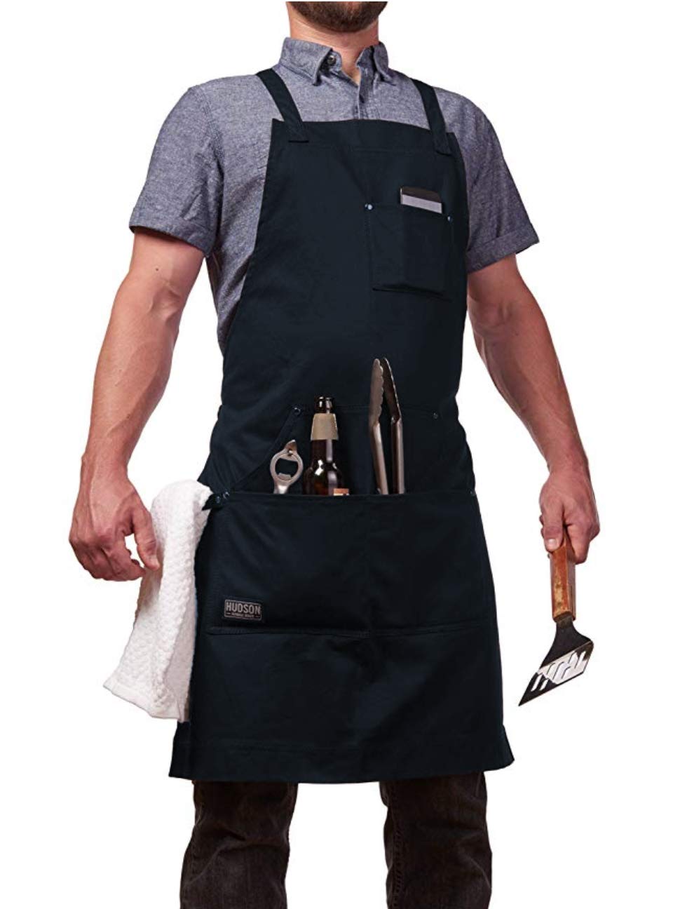 Hudson Durable Goods Professional Grade Chef Apron for Men and Women, 100% Cotton Work Apron for Kitchen, BBQ, and Grill, with Large Pockets for Tools, Towel Loop, Crossback Design - One Size, Navy
