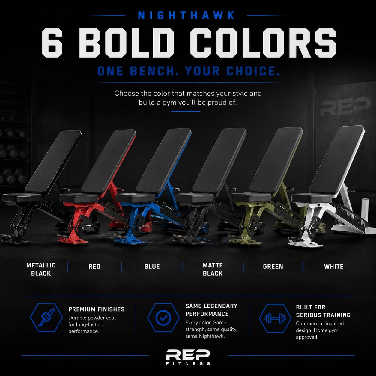 Rep Nighthawk Adjustable Weight Bench | Home Gym Incline Decline Flat Workout Bench | Heavy Duty Fitness and Strength Training Equipment | Foldable Space Saving Design, Matte Black