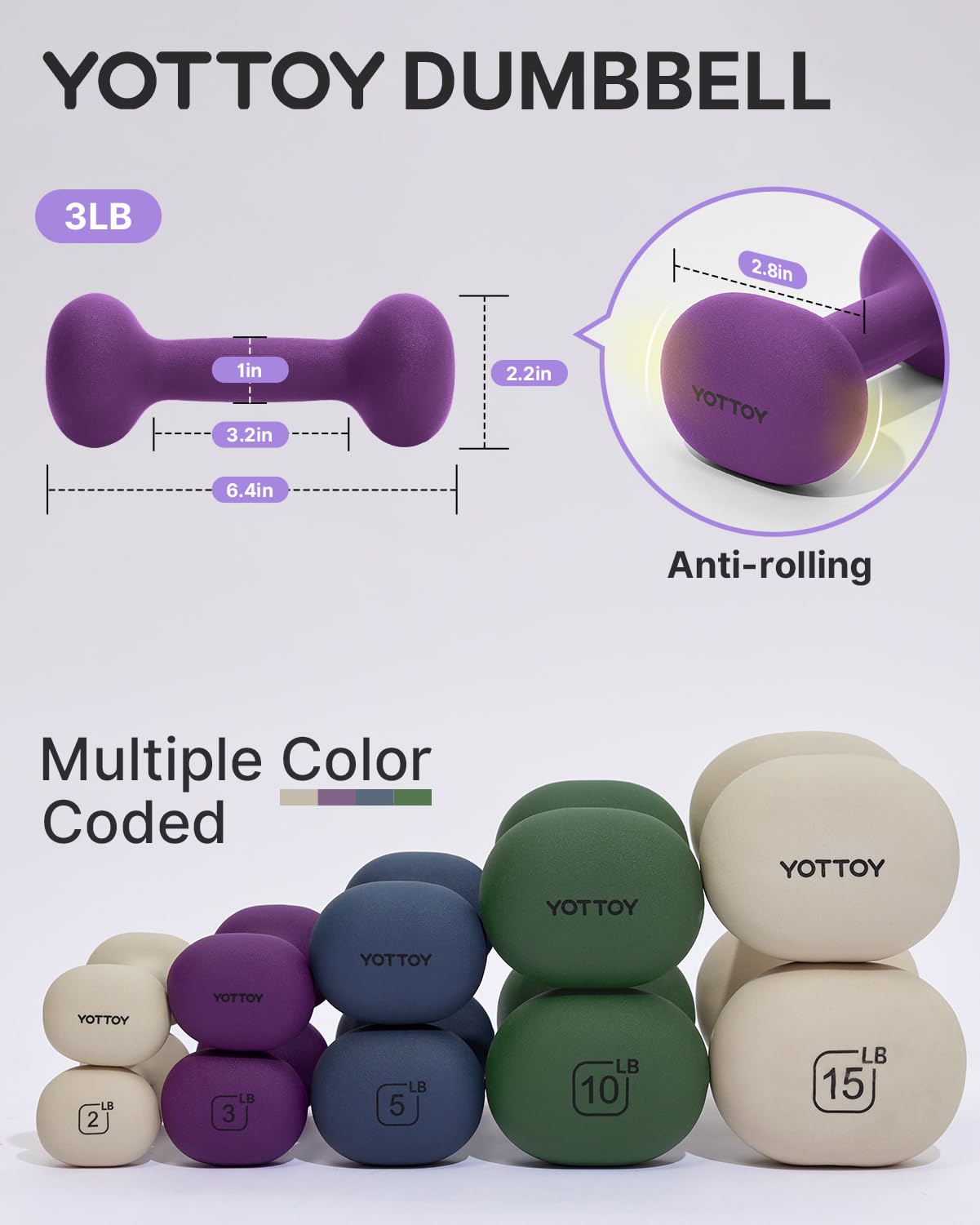 YOTTOY Weights Dumbbells Set for Women,3 Pound Dumbbells Set of 2, Non-Slip Hand Weights for Home Workouts, Portable Strength Training Neoprene dumbbells (Purple, 3LB-Pair)