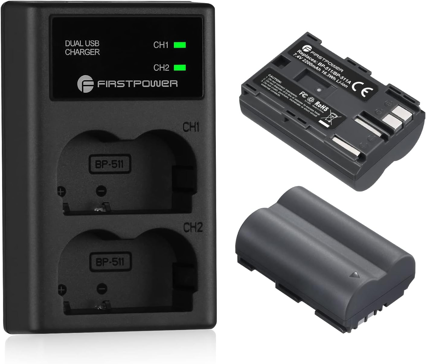 FirstPower BP-511 BP-511a 2-Pack 2200mAh 5D 10D 20D 20Da 30D 40D 50D 300D D30 D60 Battery and Dual USB Charger