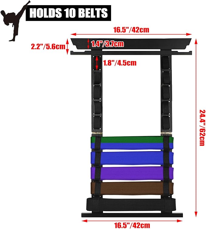 JUXYES Wall Hanging Martial Arts Belts Organizer for 10 Belts with Medal Hanger and Stickers, Bamboo Karate Belt Display Holder Rack, Taekwondo Belt Display Holder for Martial Arts Learners
