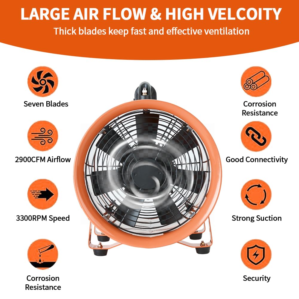 12Inch Utility Blower Fan with 16ft Flexible Duct Hose, 3900 m3/h High Velocity Portable Industrial Exhaust Fanial Extractor for Basements,Workshops,Warehouses,Confined Spaces (12IN Fan+16FT Hose)