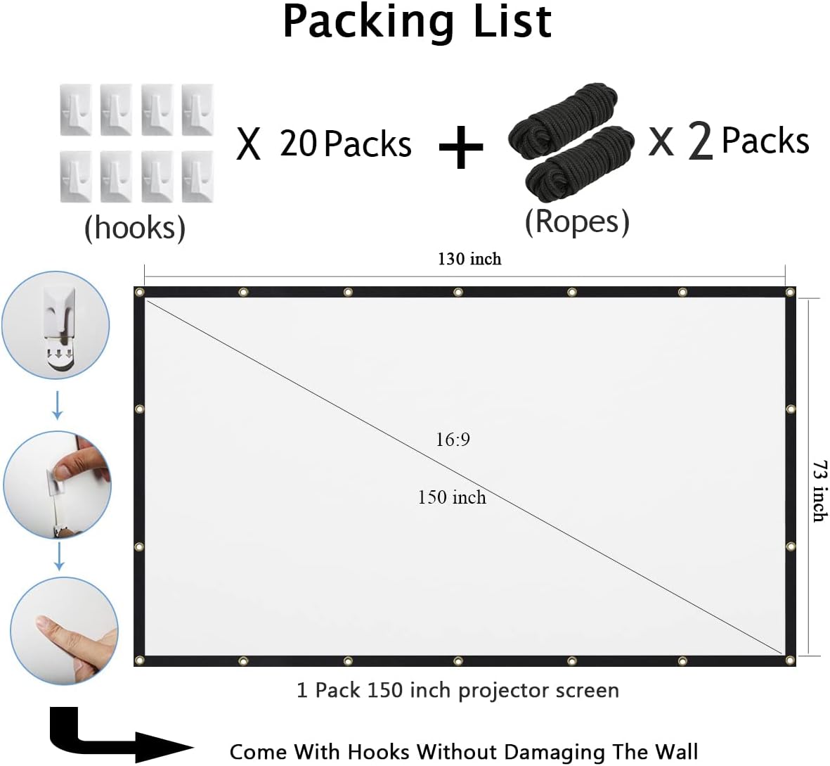 Mdbebbron 150 inch 16:9 Projection Screen Foldable Anti-Crease Portable Projector Movies Screen for Office Home Theater