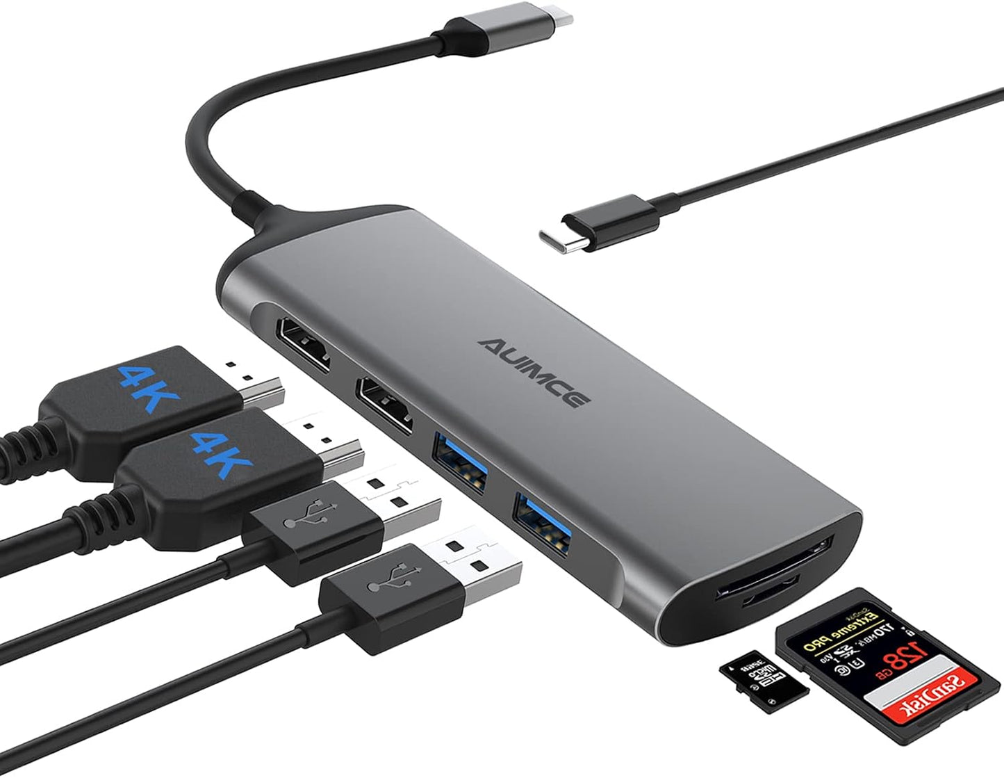 Auimce 7-in-1 2 HDMI,100W 3.0, USB C Docking Station Dual Monitor, Laptop Dock with PD, USB SD/TF Card Reader Ports