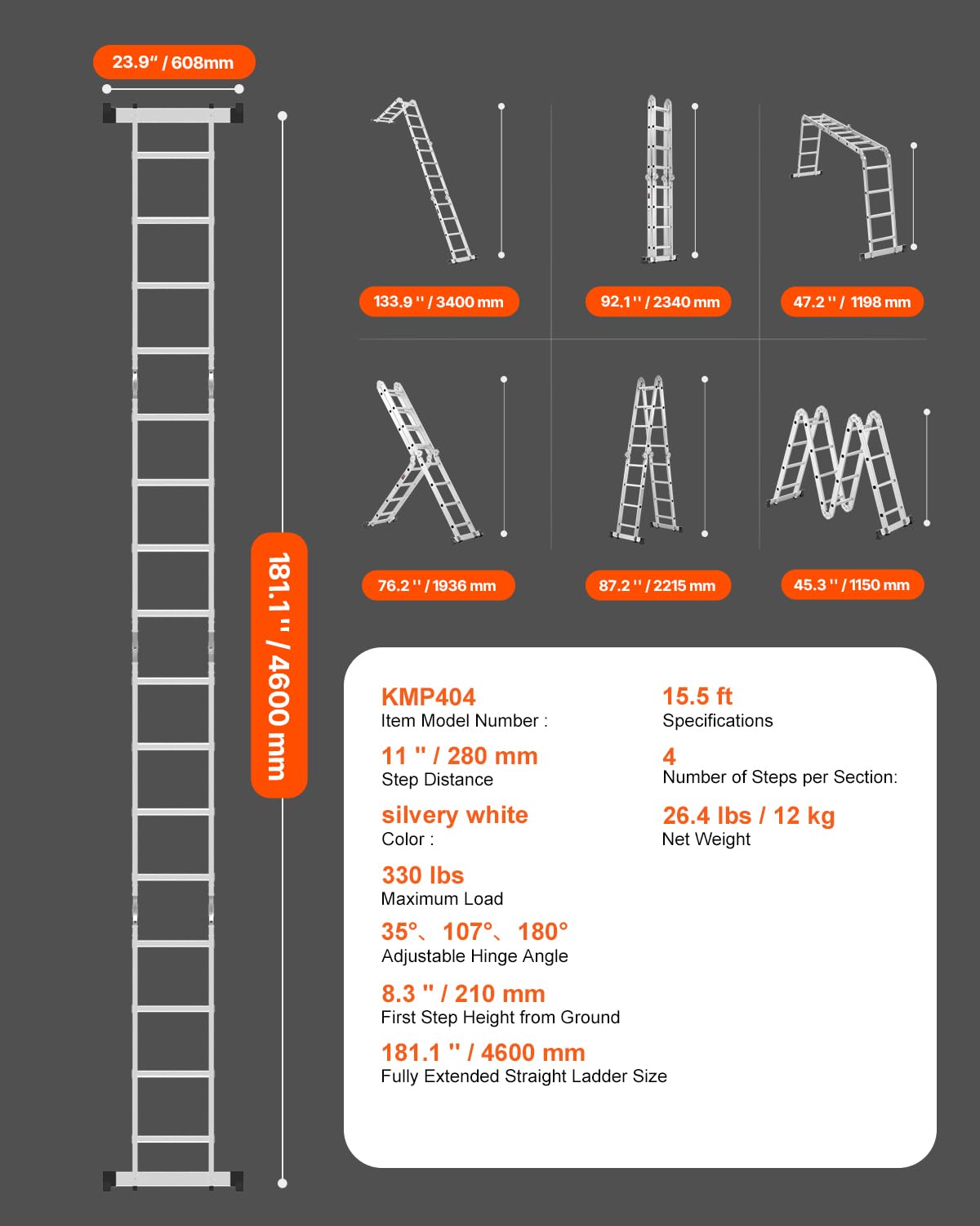 VEVOR Multi-Purpose Folding Ladder, 7-in-1 Tall Extension Step Ladder, A Frame 4 Step Telescoping Ladder, 15.5ft Reach Height Heavy Duty Adjustable Ladder, 330 lbs Capacity for Home Outdoor