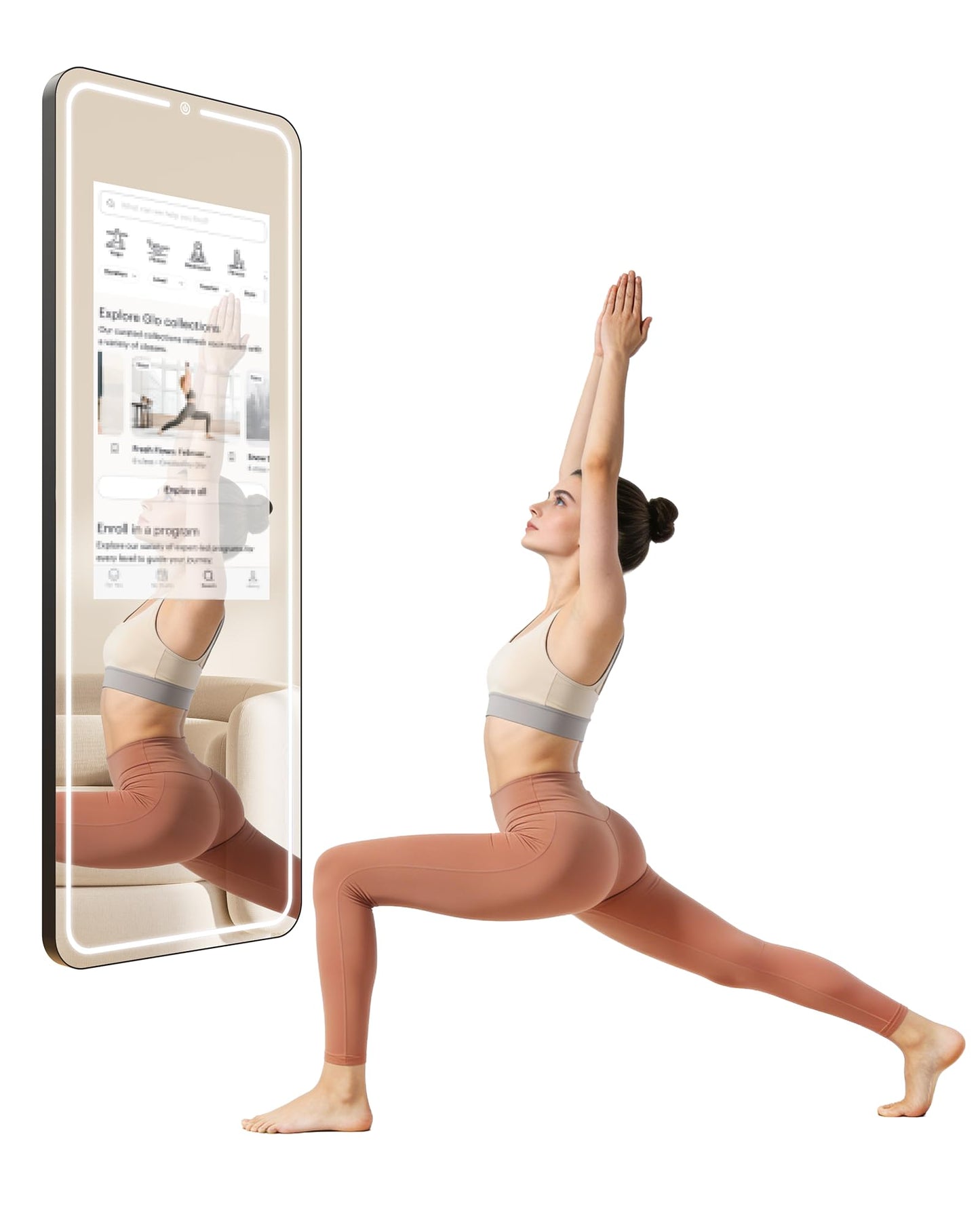 HARZHI 32 Inch Smart Gym Mirror, HD Touch Screen, Android OS, No VIP Fees, Voice Control, Music Sync LED Light Strip, Perfect for Home Gym/Yoga