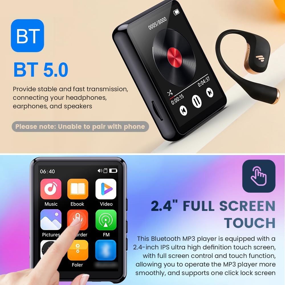 Dpofirs MP3 2.4" 8GB 128GB 5.0, MP3 (16GB) Bluetooth Player with Touchscreen | HD Display, to Storage, BT Supports FLAC