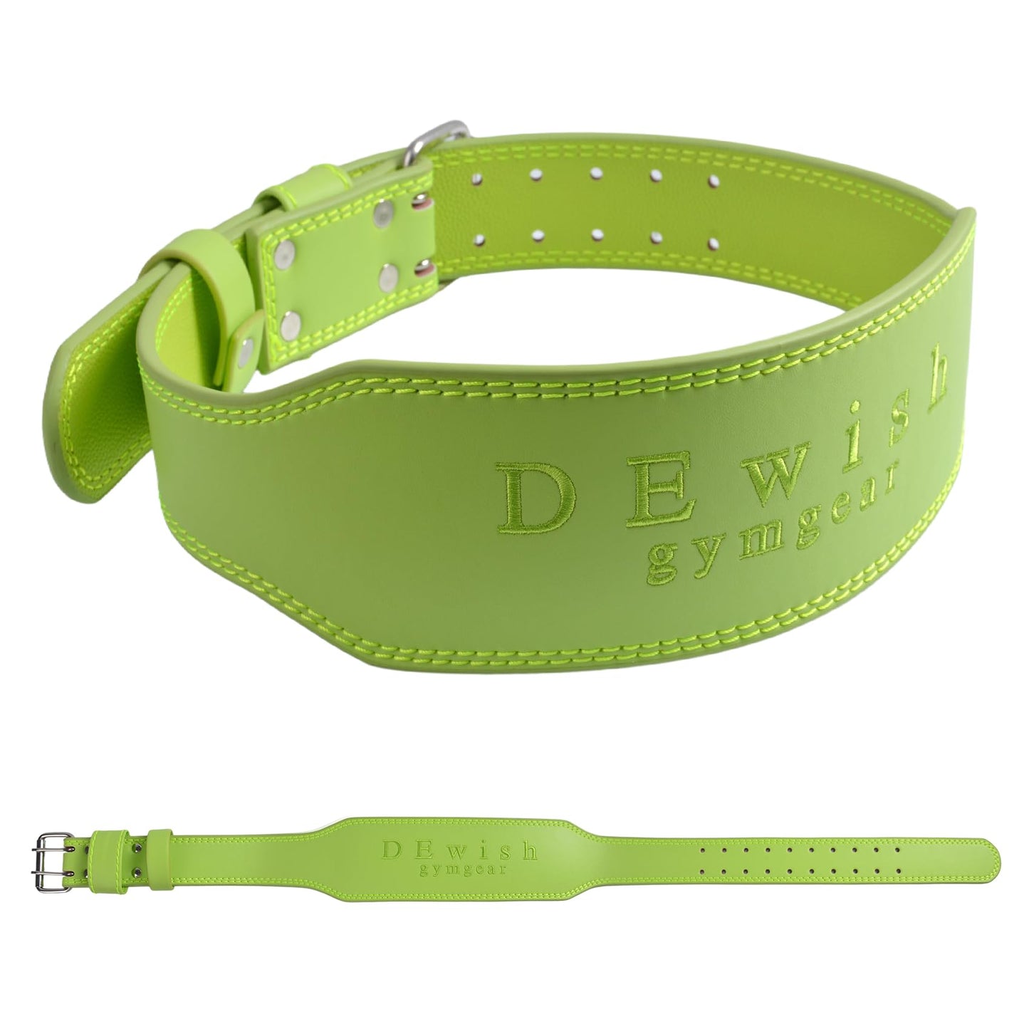 Leather Weightlifting Belt, 10 Adjustable Holes, 4”Width, Double Prong Power Belt for Gym Bodybuilding, weightlifting, powerlifting, squats and deadlifts (Neon Green, XS (23"-27"))