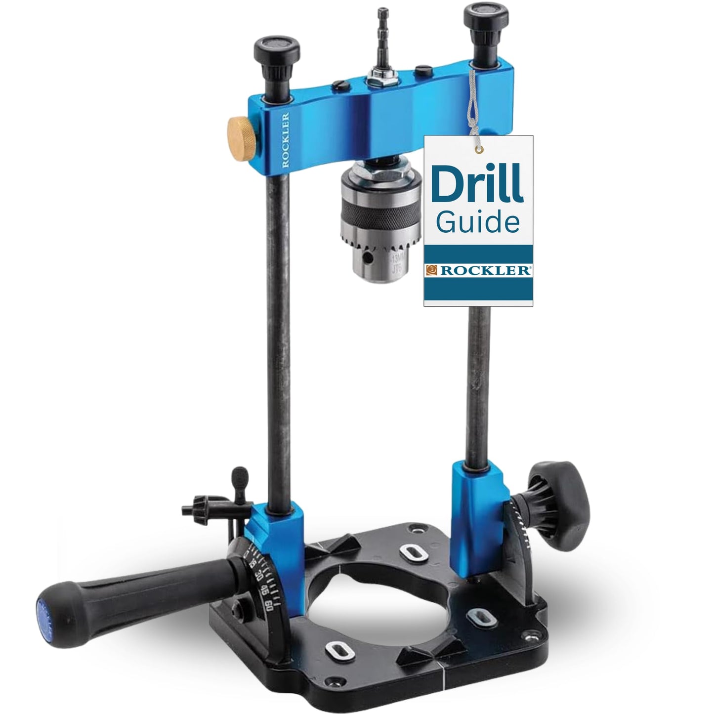 Rockler Drill Guide | Portable Drill Press Adapter for Hand Drill - 0 to 60 Angle w/Protractor & Chuck Key for straight holes - Rockler Woodworking