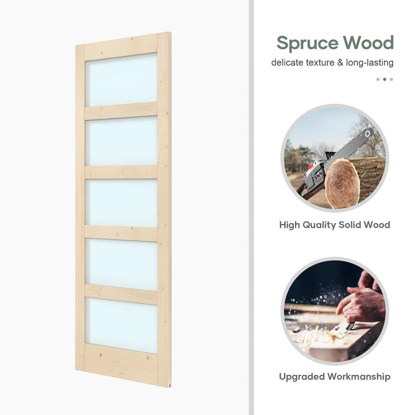 ROYMELO 28x84 inch Glass Sliding Barn Door Slab with 5ft Hardware Kit Included, 5-Panel Frosted Glass, Spruce Wood Support DIY Dyeing, Easy Assembly