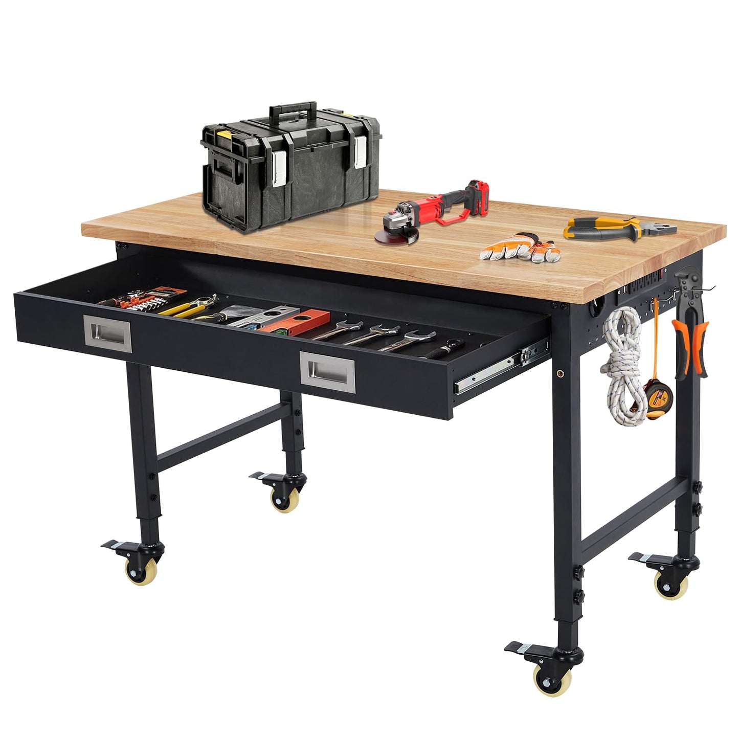 48" Work Benches for Garage, Adjustable Workbench with Wheels, Drawers, Power Outlet & Rubber Wood Top, 2000LB Tool Bench Shop Table for Woodworking, Office, Home, Black