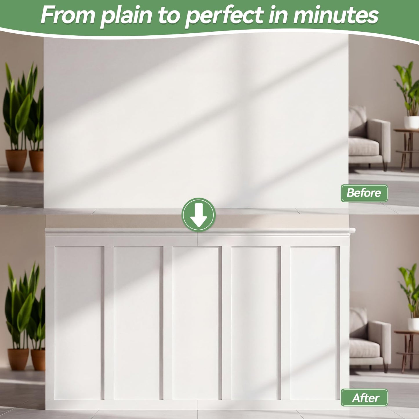 Maasechs 24 Pcs Mdf Board and Batten Wall Panel Kits, 160'' L x 47'' W Premade Wainscoting Panels Decorative Wall Molding Trim Slats Paintable Accent Kit for DIY Kitchen Home Bedroom Living Room Decor