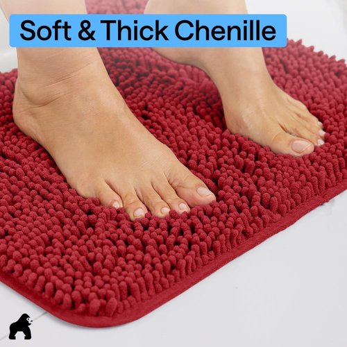 GORILLA GRIP Bath Rug Mat - Thick Soft Absorbent Chenille | Quick Dry Microfiber, 44x26, Red