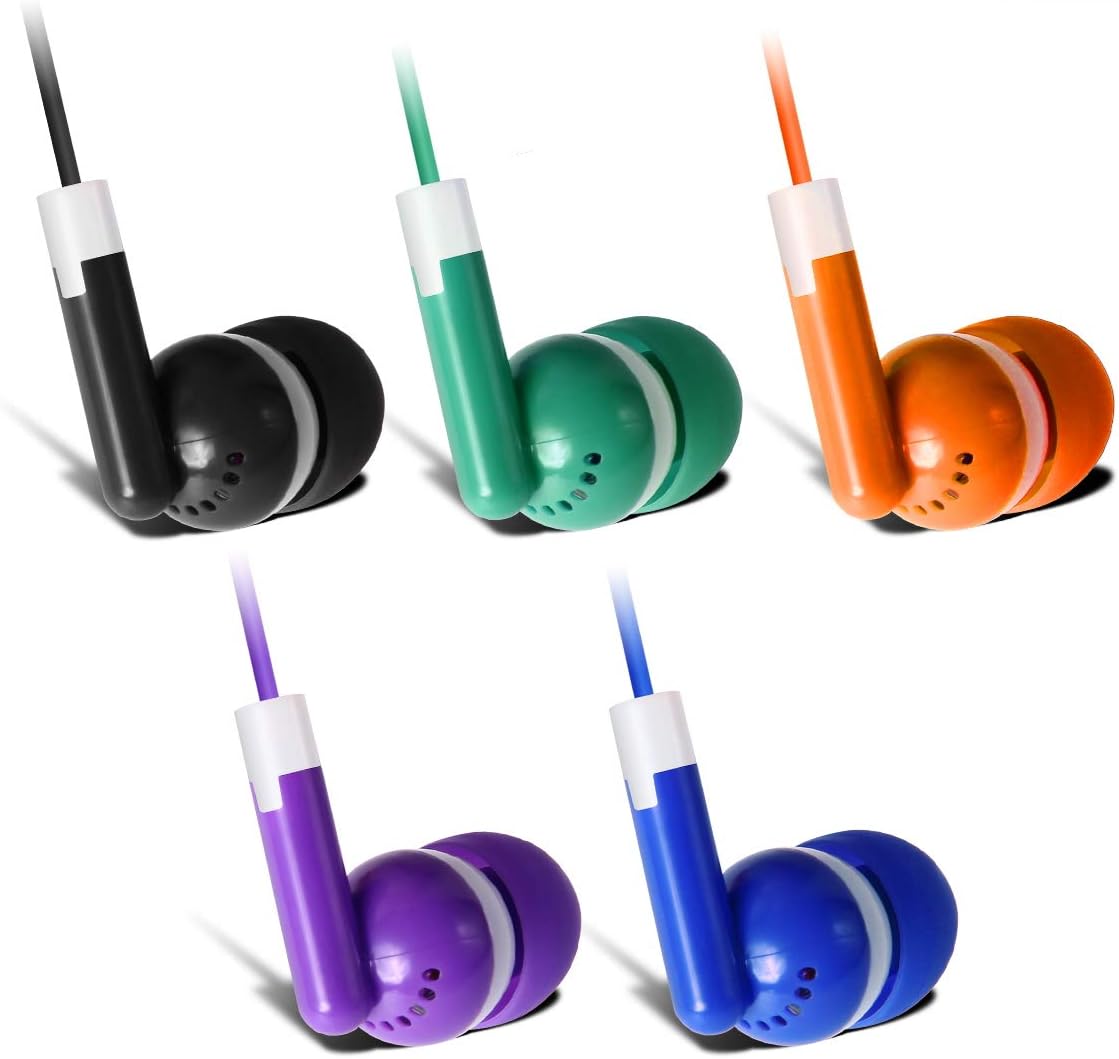 30 Pack 5 Keewonda Multi Color Earbuds for Kids, In-Ear, Wired, Colors (Black, Blue, Orange, Green, Purple), Compatible