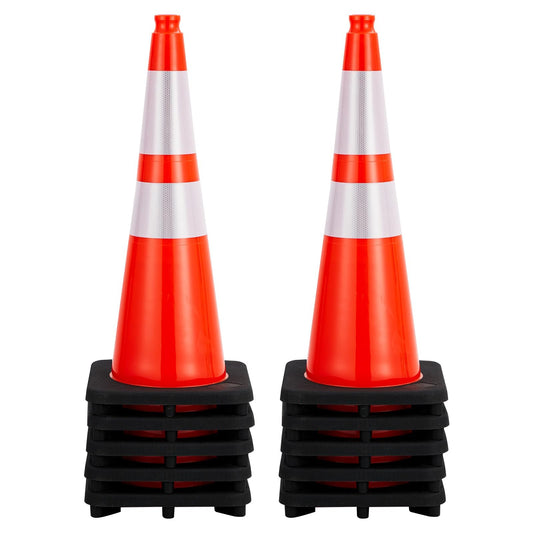 28 Inch Traffic Cones with Black Weighted Base,Orange Rubber Parking Cone w/ 2 Reflective Collar,PVC Traffic Safety Cones for Road Control, Construction Events, Driveways, and Parking Lots
