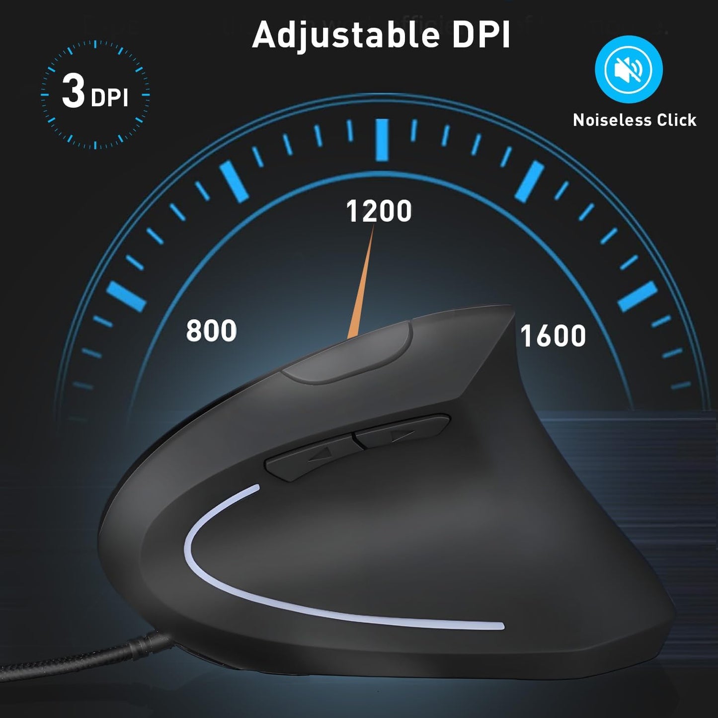 KUNSI 800/1200/1600 6 Wired Ergonomic Mouse, USB Wired Vertical Mouse with Adjustable DPI, Buttons Ergonomic Mouse