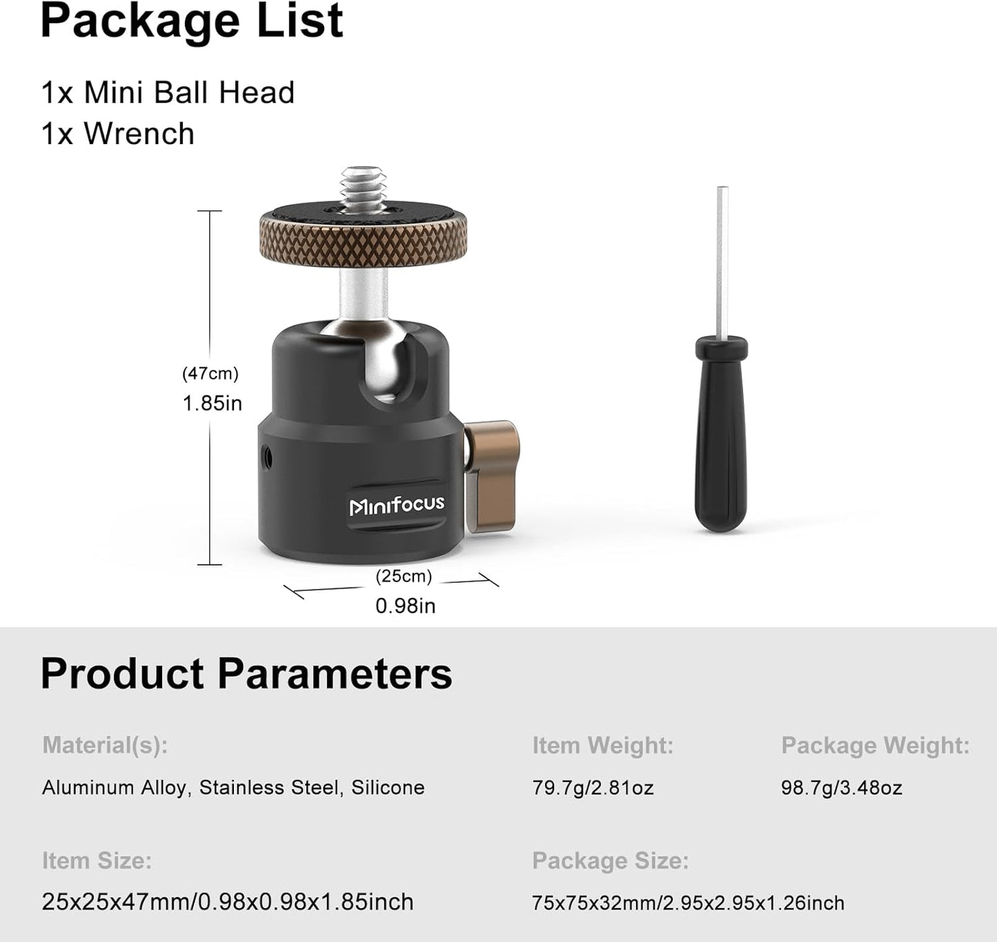 MINIFOCUS 1/4" 360 125 11Ib Mini Ball Head, Metal Tripod Ballhead w Threaded Hole, Swivel Tilt Tripod Mount Adapter