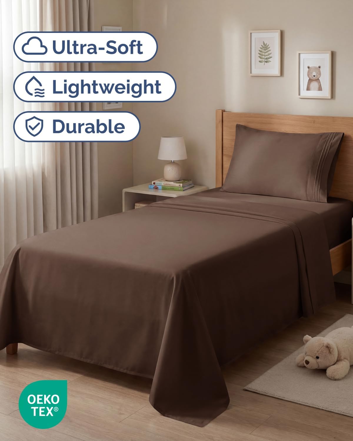 Skiennix Twin Size 3-Piece Sheet Set - Ultra-Soft, Breathable & Cooling Bedding - Deep Pockets, Oeko-Tex Certified - Brown