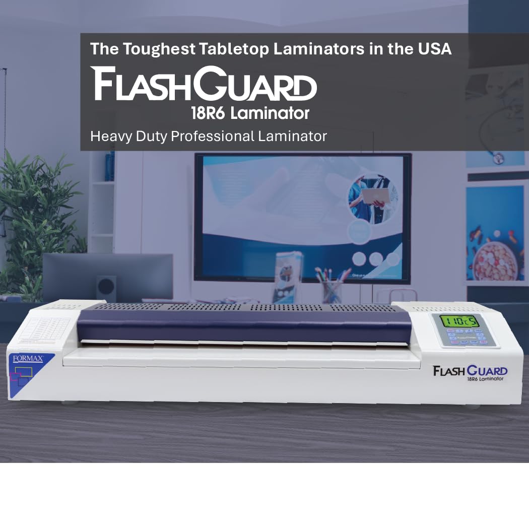Formax FlashGuard 18R6 Laminator; 1500W; 110-120V, 50/60Hz; 15A; 18" Infeed; Heavy-Duty 6 Roller System; All-Metal Construction; Graphics-Based LCD Screen; Variable Temperature and Speed