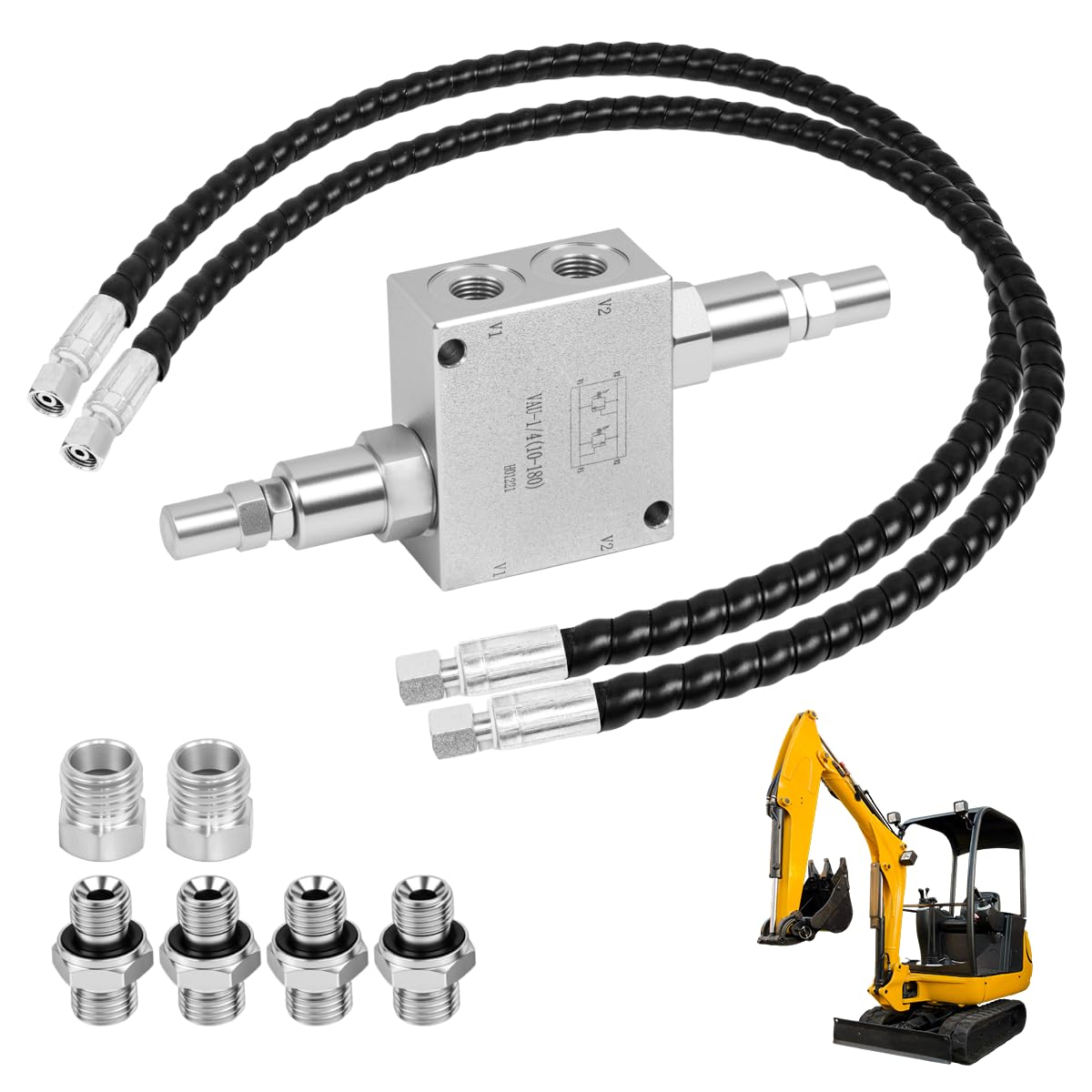 Mini Excavator Hydraulic Cushion Valve kit,1/4" Hydraulic Hoses and M14x1.5 Threaded Ends with Hydraulic Swivel Motor Buffer Dual Crossover Relief Cushion Valve