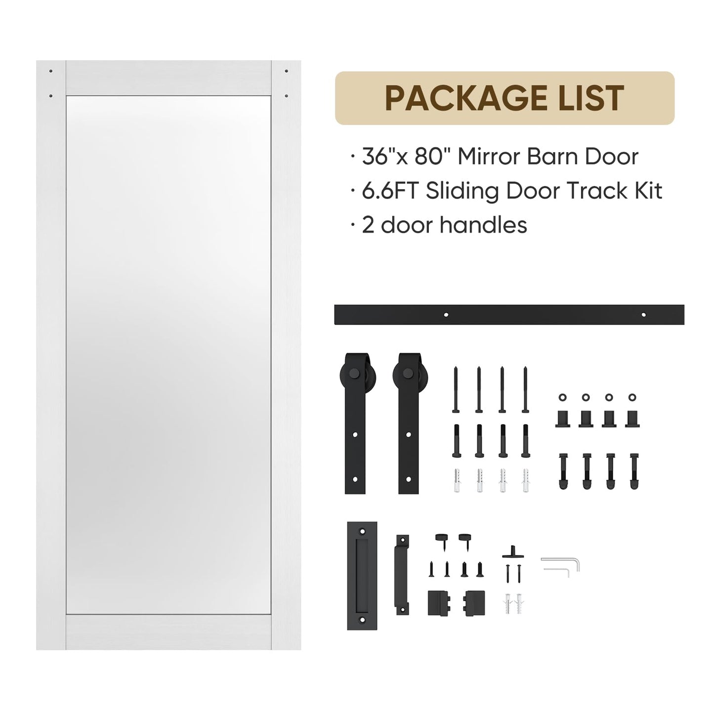 BARNSMITH 36in x 80in Mirror Barn Door with 6.6FT Sliding Door Hardware Kit Included, 1 Lites Full Length Mirror Door, Solid Wood Water-Proof PVC Surface,No Assembly Required,White