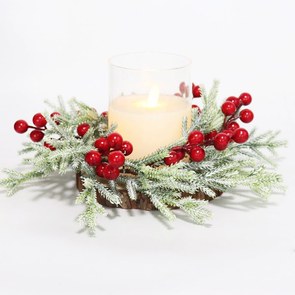 Skiennix 2-Piece Christmas Wreath Candle Rings - Artificial Cedar & Cypress with Red Berries for Holiday Table Decor