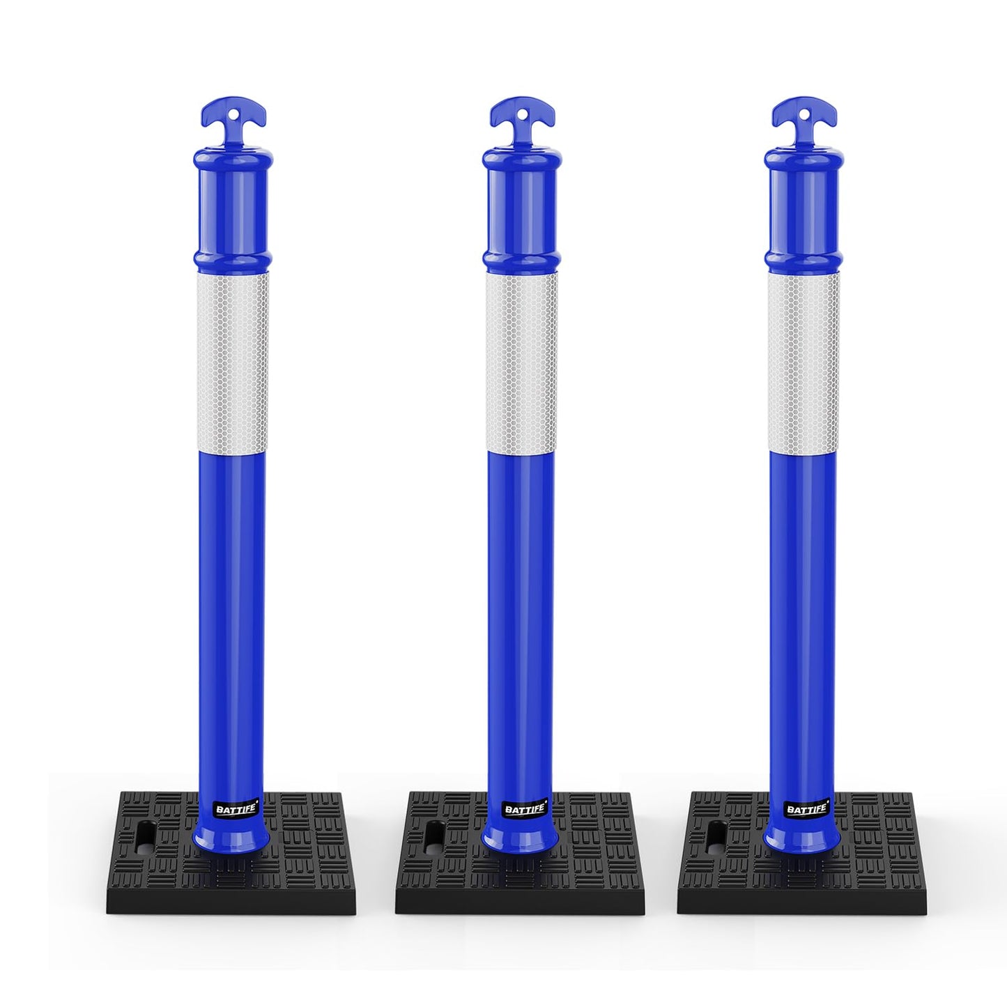 BATTIFE 45" Delineator Post with Base, Traffic Delineator Cones with Reflective Collar for Driving Practice, Construction Work (3, Blue, 45 inch)