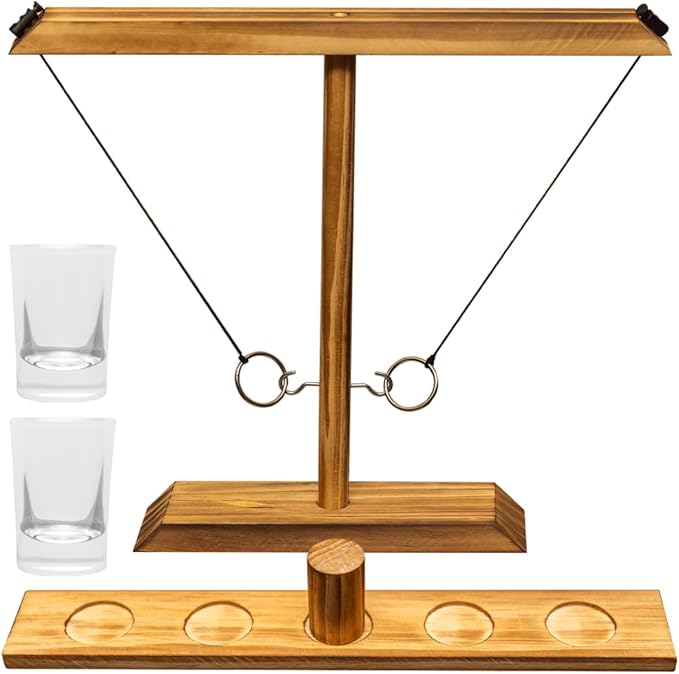 Premium Wooden Swing Ring Hook Game Set with Shot Glasses – Indoor/Outdoor Fun for Adults, Kids, and Family Parties