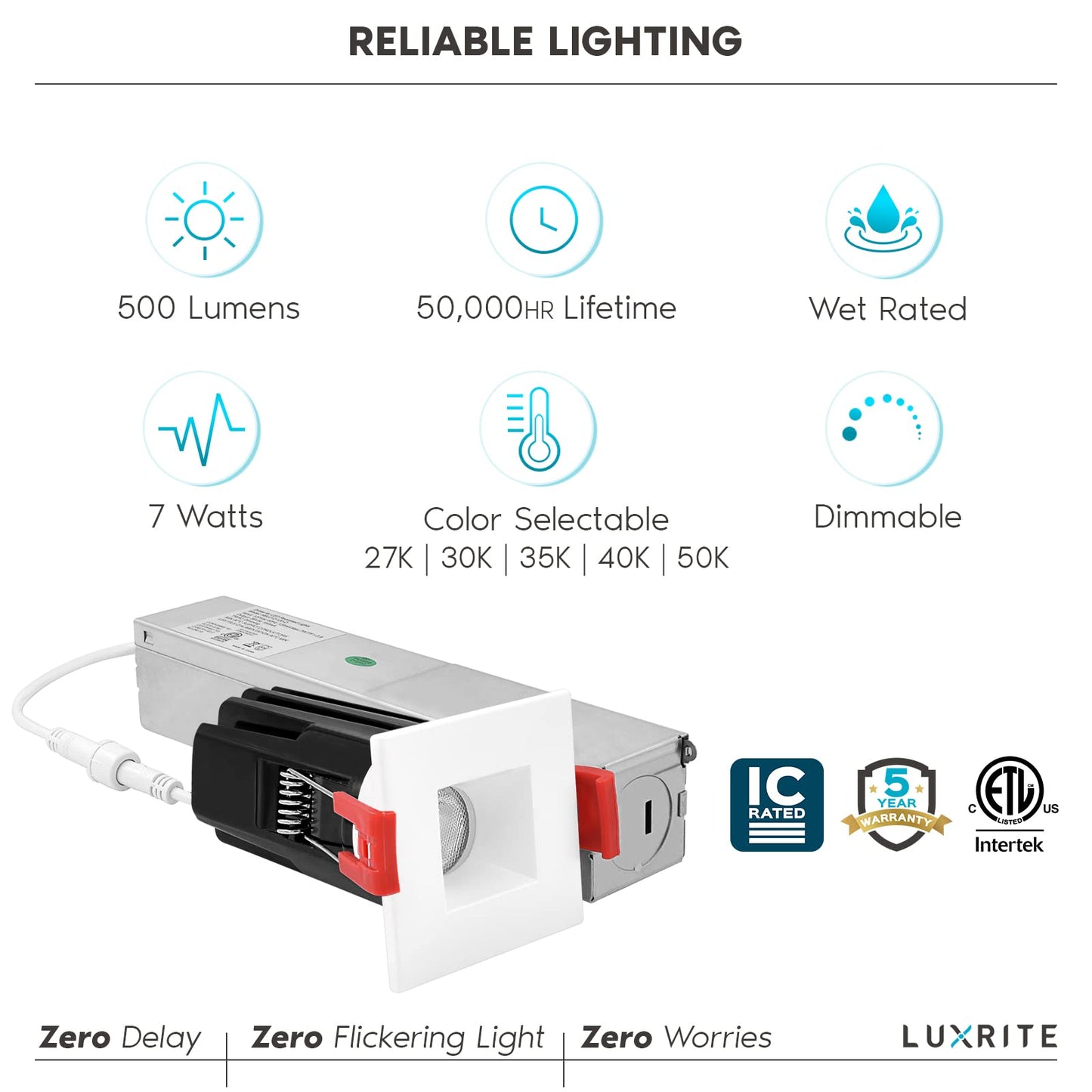 LUXRITE 1 Inch Square LED Recessed Lighting with Junction Box, 7W, 5 Color Selectable 2700K-5000K, CRI 90, 500 Lumens, 30° Spotlight, Small Dimmable Downlight, Wet Rated, IC Rated (4 Pack)
