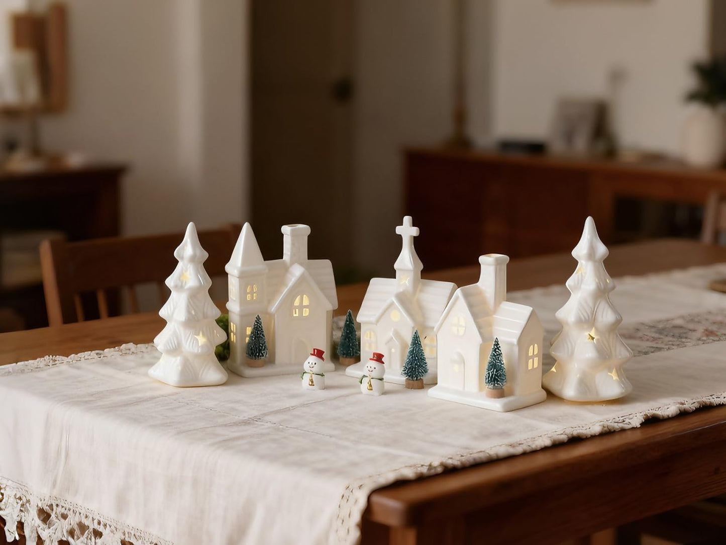 Skiennix Christmas Village Set - 11 Pcs Ceramic Decor with 3 Lighted Houses & Trees | Festive Tabletop Display