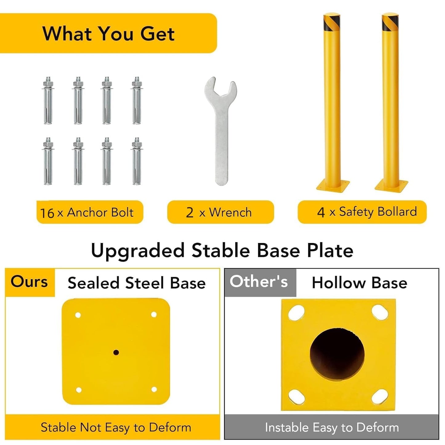 4 Packs 42 Inch Safety Bollard Post, 4.5 Inch Diameter Steel Pipe Bollard with 16 Anchor Bolts, Heavy Duty Yellow Steel Bollard for Parking Lot Security, Driveway Barrier, Warehouse Entrance