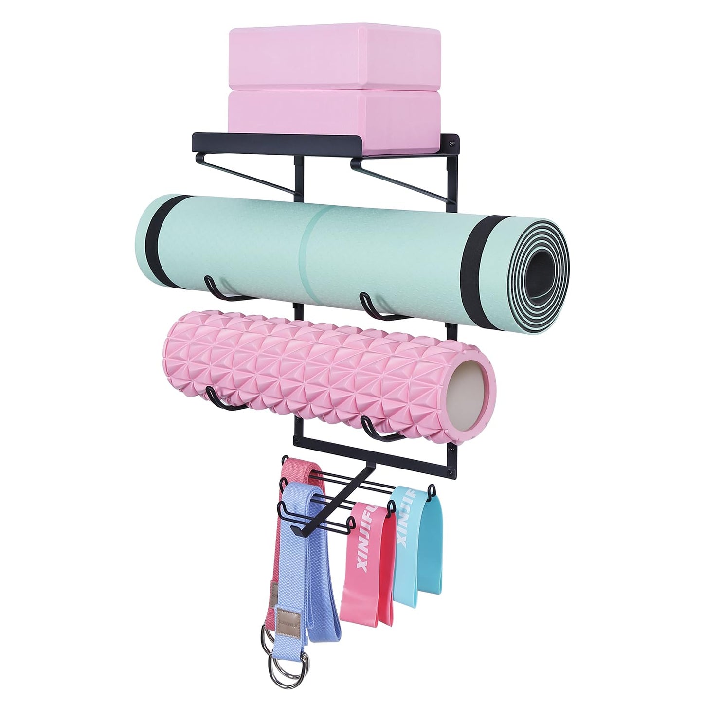 Yoga Mat Holder Wall Mount Yoga Mat Storage Rack Home Gym Accessories with 3 Sectional and 7 Hooks for Hanging Foam Roller and Resistance Bands at Fitness Class or Home Gym