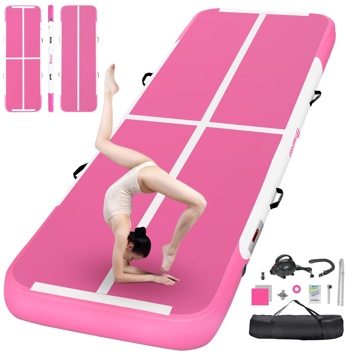 FBSPORT 20ft Inflatable Air Gymnastics Mat Training Mats 4 inches Thickness Gymnastics Tracks for Home Use/Training/Cheerleading/Yoga/Water with Pump