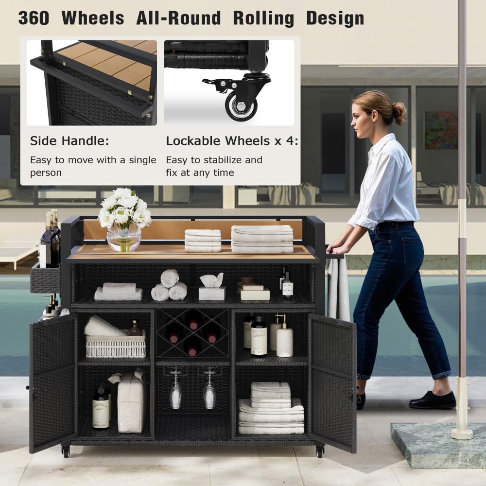 Dfchlda 52.8" Wicker Outdoor Grill Cart with Extended Plastic Wood Table Top, Rolling Kitchen Island with Storage Cabinet, Double Handle Design for Patio, Backyard, Garden, Poolside(Black Brown)