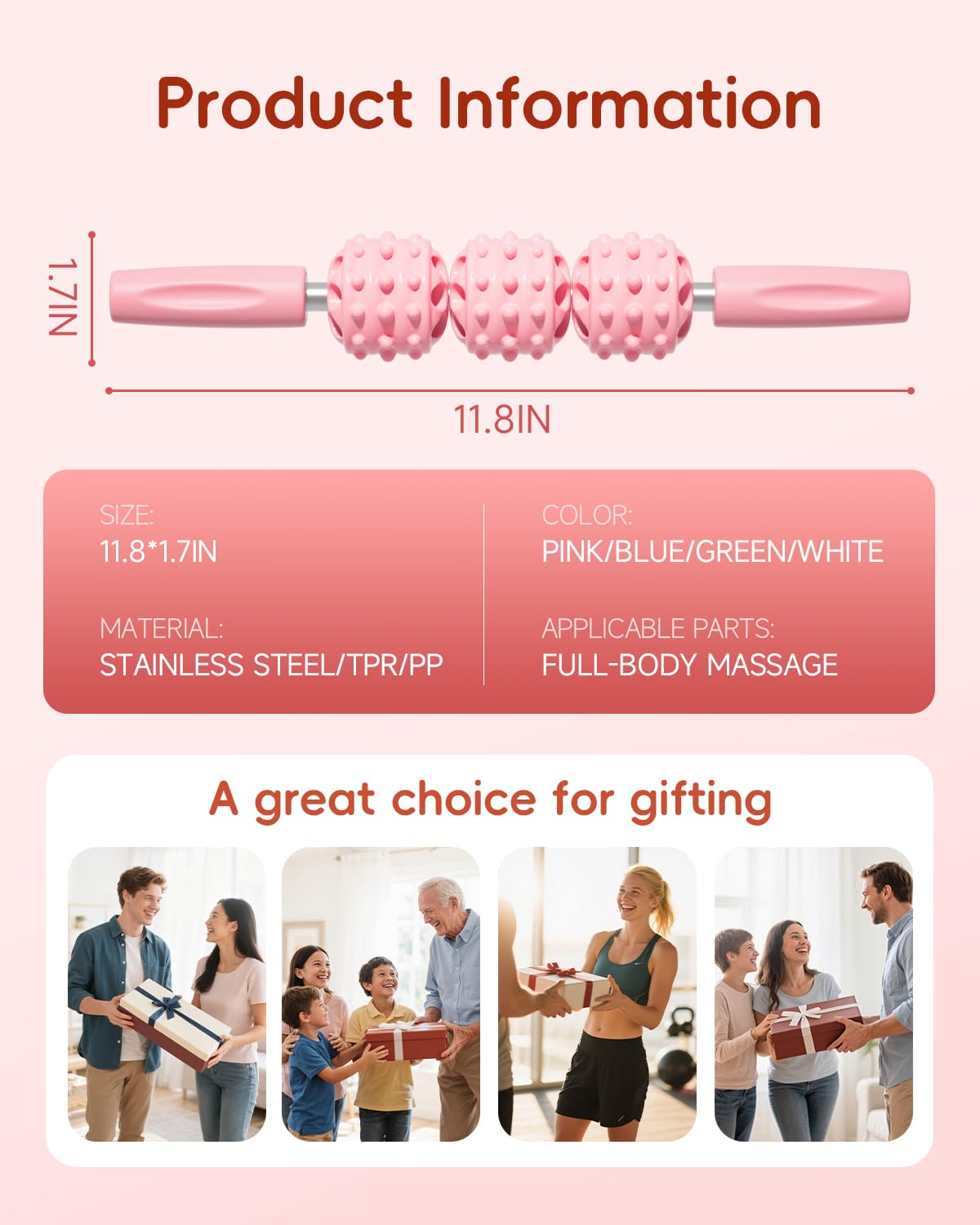 ArkPack Muscle Roller Stick for Legs,11.6IN Physical Massager 3-Balls Massage Roller Stick Trigger Point Massage Fascia Roller for Leg Calf Abdominal Neck Arms Relieve Muscle Soreness-Pink