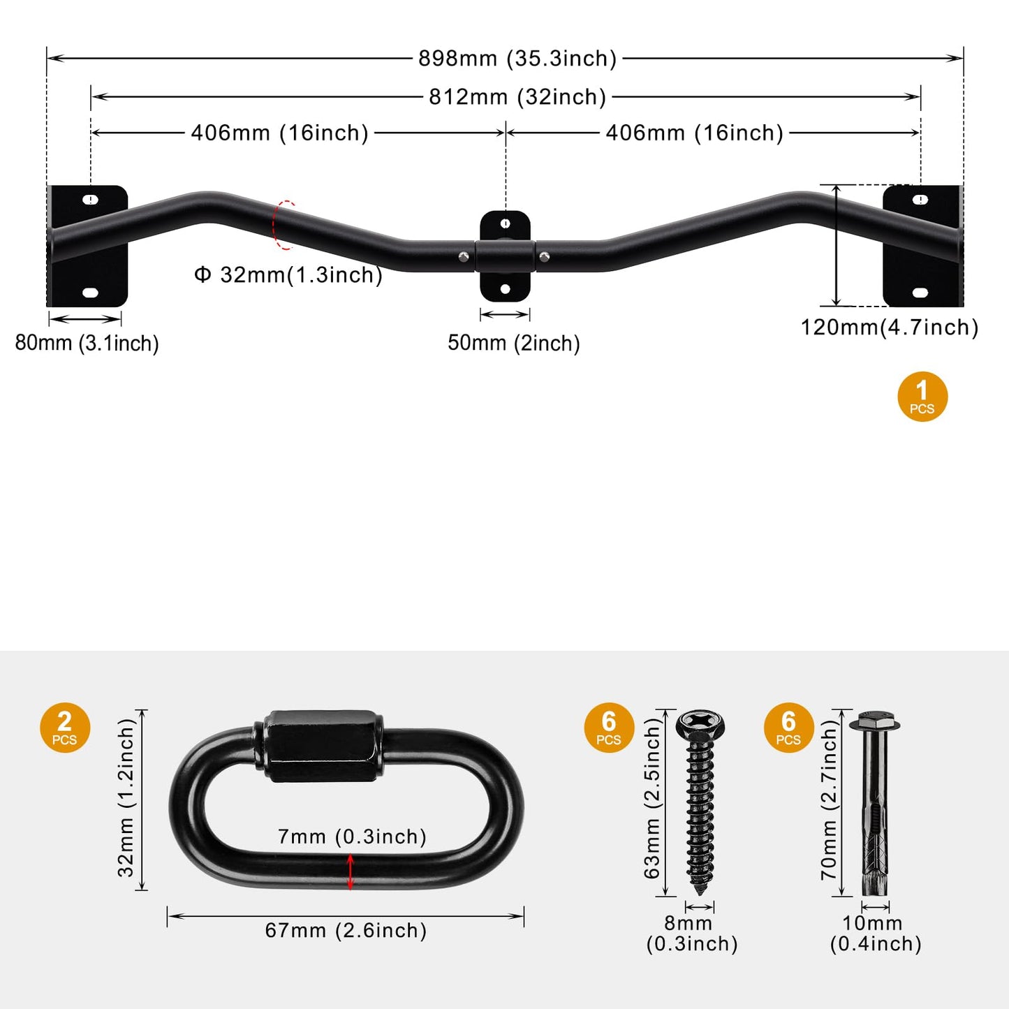 Kipika Heavy Duty Wall Mounted Pull Up Bar, Doorway Pull-Up Bar for Home Gym, Upper Body Strength Training (32" M Type)