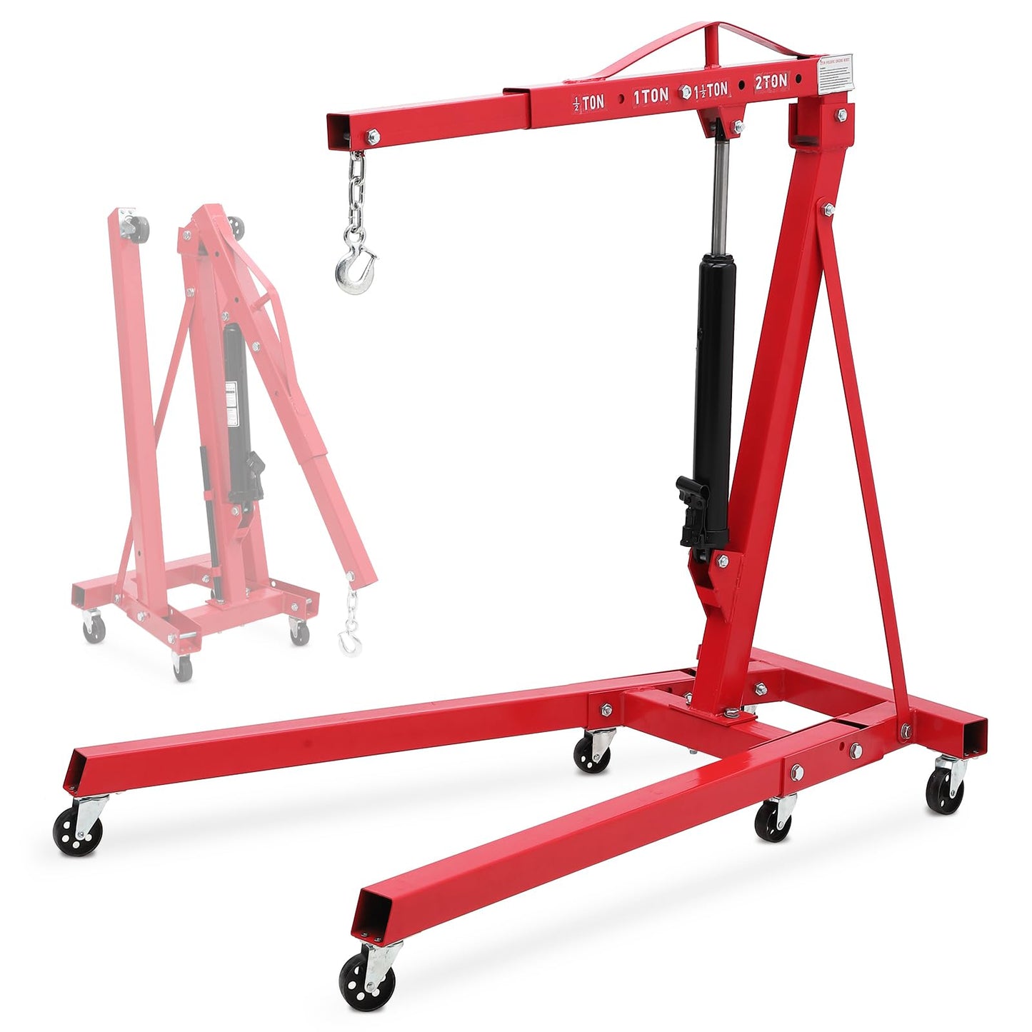 MERXENG Engine Hoist with Lever, 2 Ton Folding Cherry Picker Engine Hoist with Lever and 6 Casters, 4400lbs Heavy Duty Hydraulic Shop Crane, Engine Lift for Workshops Garage Warehouse