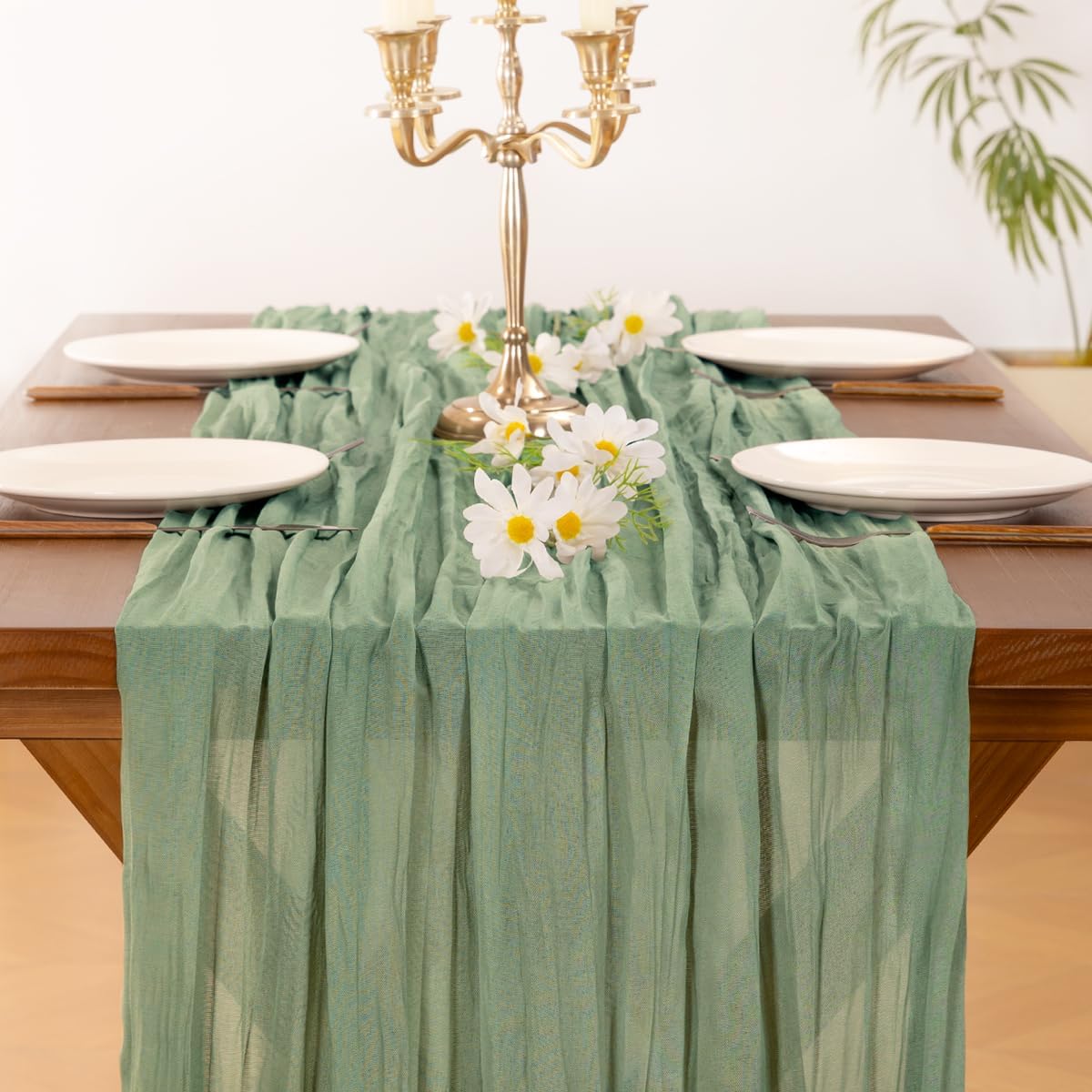 Socomi Cheesecloth Table Runner - Sage Green 120-Inch Boho Rustic Decor for Weddings & Events