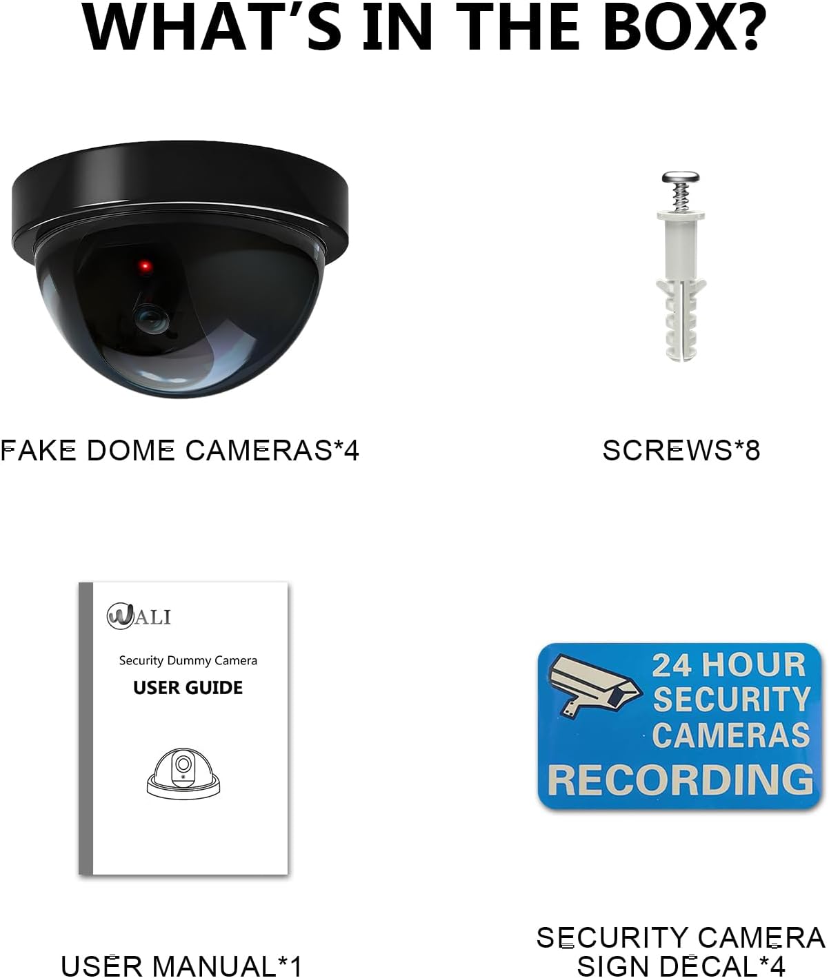 WALI Dummy (SD-4), 4 Packs, Fake Security CCTV Dome Camera with Flashing Red LED Light with Security Alert Sticker